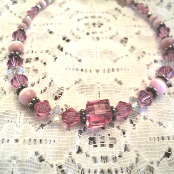 Breast Cancer Bracelet Pink Beads & Crystals .925 Sterling Silver BC Ribbon 7.5" - Picture 2 of 4